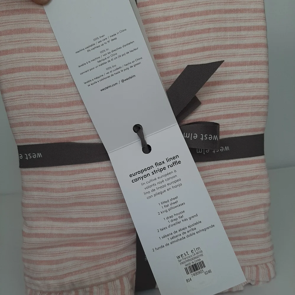 West Elm Heather Taylor Home Canyon Stripe Ruffle European Flax Linen Sheet Set